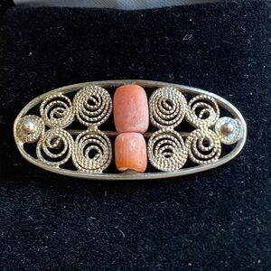 Vintage Silver Filigree Coral Brooch – Oval Antique Style Pin – Estate Jewelry